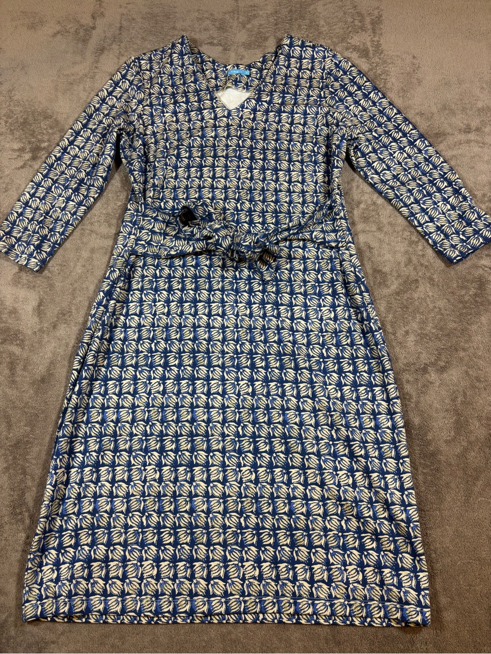 J McLaughlin Stretchy Blue Cream Long Sleeve Tie-Waist Dress Womens Medium